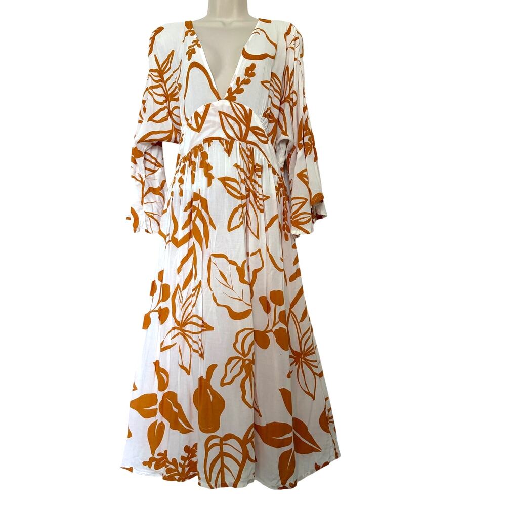 Gillia Floral Coverup Midi Dress White Yellow Size S Blee Sleeve Rayon Handmade - Picture 2 of 10